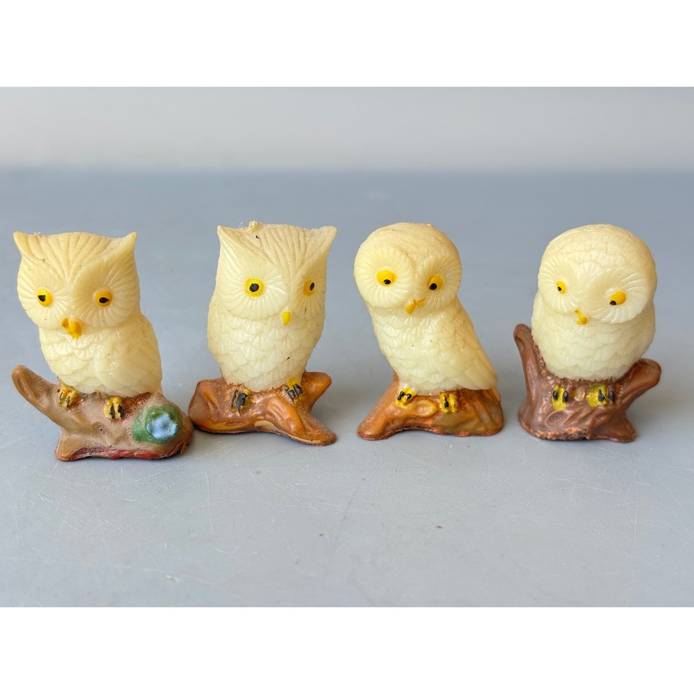 Vtg Miniature Plastic Owl‎ Figurines Set of 4 Japan Kitsch 1.5" Pencil Topper